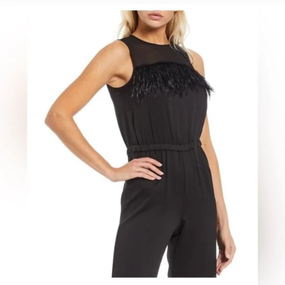 (NWT) Size 4, MICHAEL Micheal Kors Ostrich Feather Trim, Keyhole Back, Jumpsuit - Picture 3 of 4